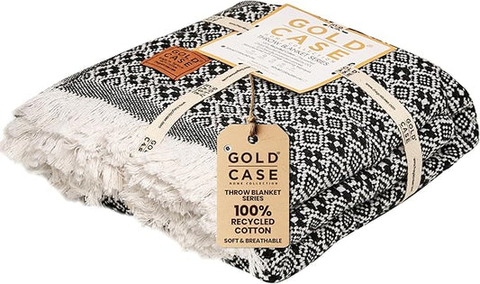 Gold Case Throw Blanket for Couch - 100% Recycled Turkish Cotton Blankets & Throws - Retro Soft Throw Blankets for Living Room Sofa - Boho Decorative Woven Throws for Couch - 60x80 - Black-Ruum Studio Home