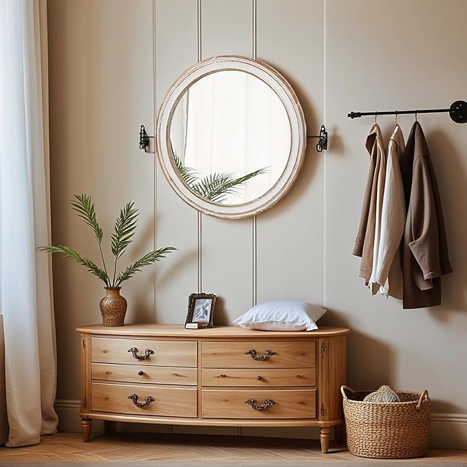 Round Bathroom Mirror for Vanity-Distressed Wood Circle Mirror, Farmhouse Entryway Mirror and Decorative Wall Mirrors for Living Room-Ruum Studio Home