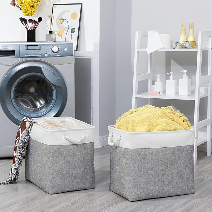 Bidtakay Large Storage Bins for Clothes Fabric Deep Baskets for Organizing Set of 2 Grey Fabric Pantry Storage Bins for Hallway Living Room Blankets 17x12x15 in Extra Large Shelf Tote Baskets-Ruum Studio Home