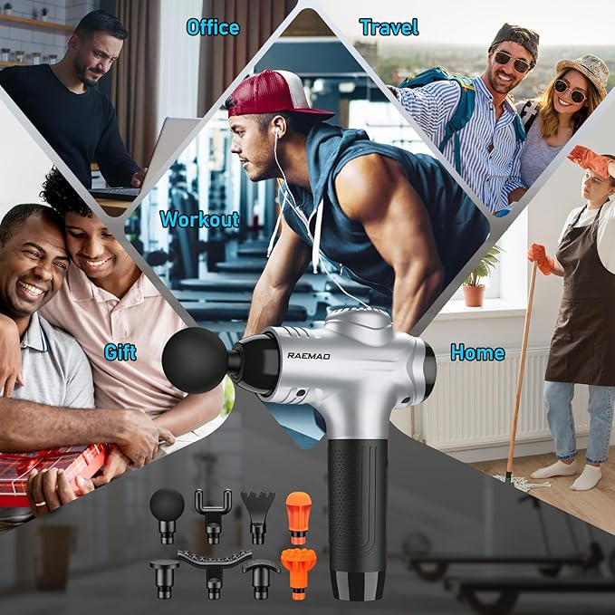 RAEMAO Massage Gun, Handheld Electric Deep Tissue Muscle Massager for Athletes for Pain Relief Attaching 8 Replacement Heads, Percussion Massager with 10 Speeds, Father's Day Gifts, Silver-Ruum Studio Home