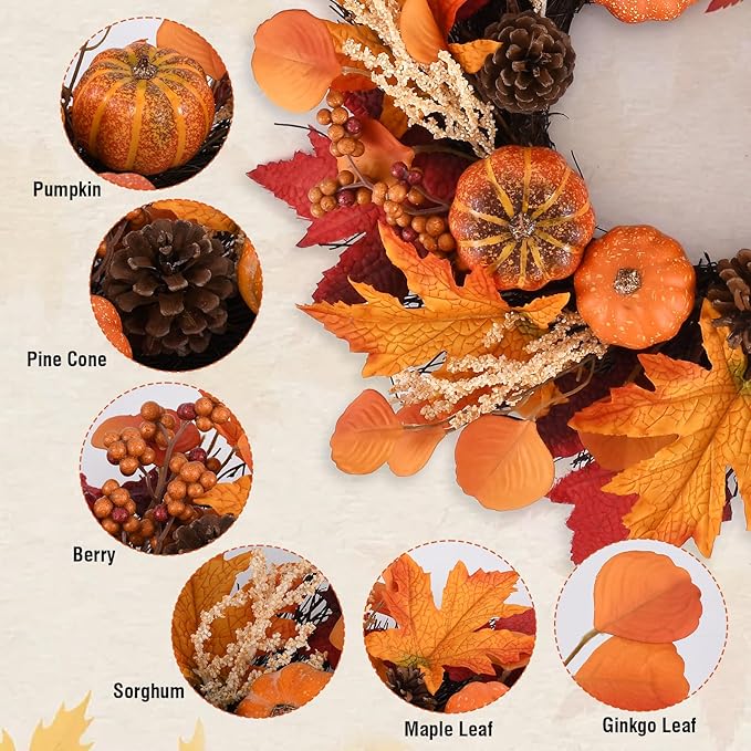 20 Inch Thanksgiving Fall Wreath, Berries Pumpkins Maple Leaves Pine Cones Autumn Wreaths with Hook for Front Door, Fall Decor, Porch Wall Home Outdoor Holiday Decorations Wreath for Autumn-Ruum Studio Home