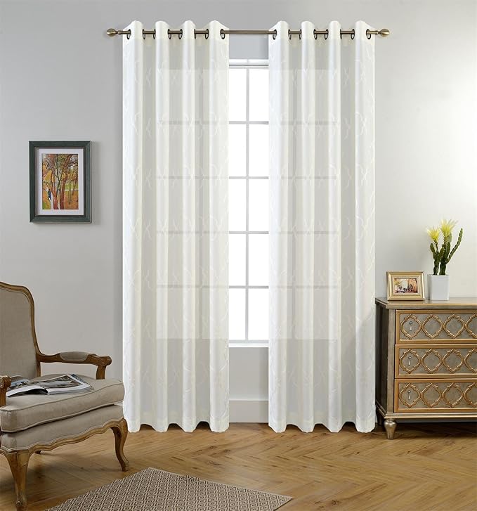 MIUCO Moroccan Embroidered Semi Sheer Curtains Faux Linen Grommet Curtain Panels for Living Room 52 x 95 Inch 1 Pair, Off White-Ruum Studio Home