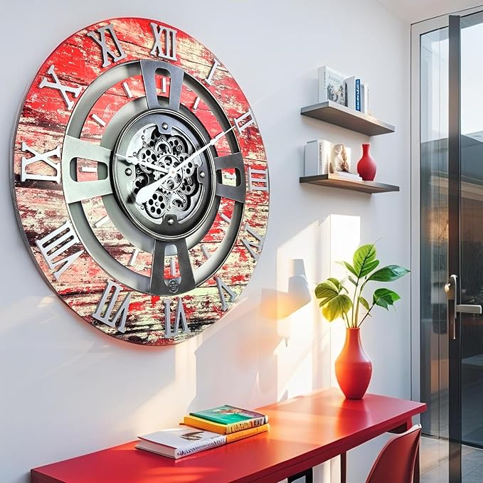 The Gears Clock Real Moving Gear Wall Clock England Line (Red Lava, 24 inches (60 cm))-Ruum Studio Home