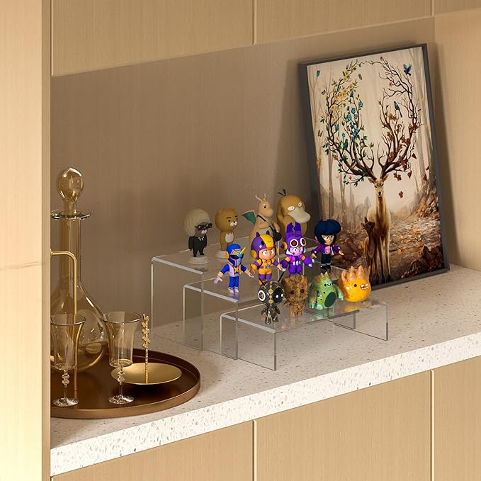 Clear Riser Shelf 3pcs, Desktop Rectangular Acrylic Display Shelves Organizer, Acrylic Stands for Funko Pop Figure, Perfumes, Bags, Shoes, Glasses, Plants, Toys, Collectibles - 8''x8.5''x9''-Ruum Studio Home