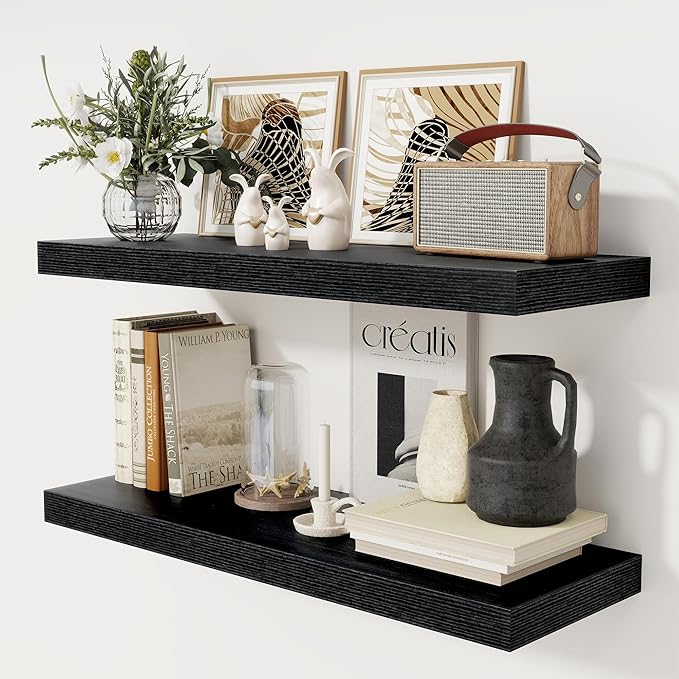 Black Floating Shelves 36 Inch Long, 12 Inch Deep Floating Shelves for Wall, 36 x 12 Shelves for Wall Storage & Display, 2" Thick Floating Shelf for Bathroom, Living Room, Bedroom, Set of 2-Ruum Studio Home