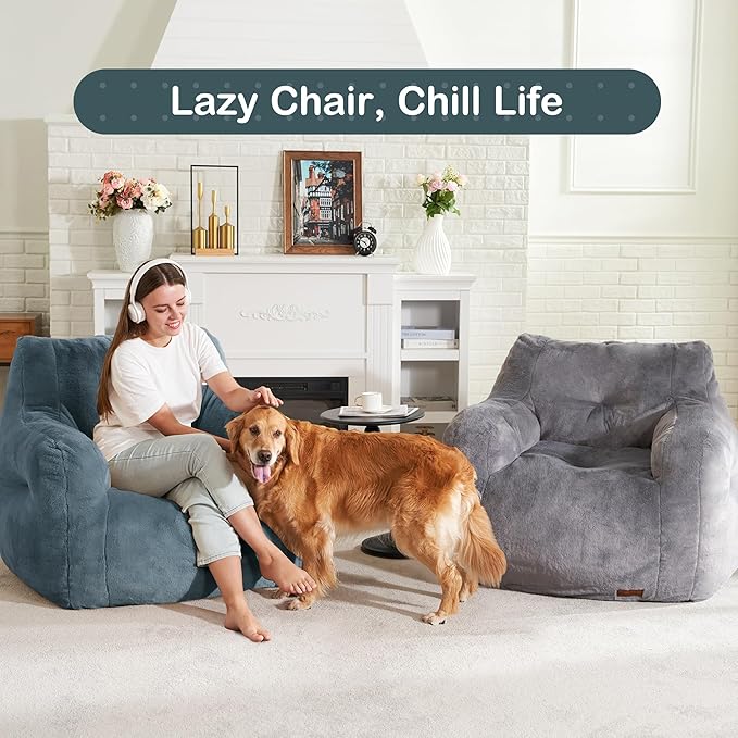 Hobestluk Bean Bag Chair for Adult Small Bean Bag Chairs with Arms Furry Beanbag Chair with Foam Filler Stuffed Bean Bag Sofa for Reading in Bedroom Living Room and Dorms (Blue Grey)-Ruum Studio Home