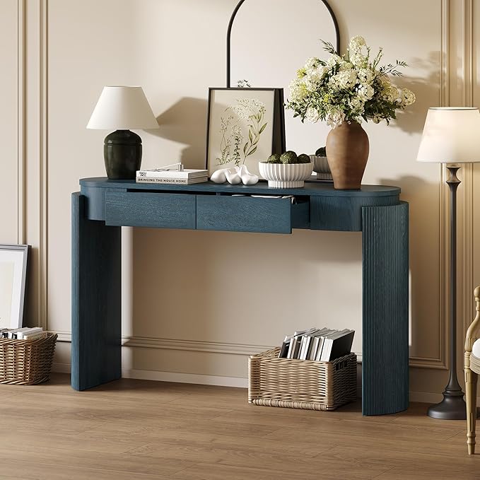 55" Sofa Table with Oval Top and 2 Drawers, Entryway Console Table with Fluted Design for Hallway,Foyer,Entry and Living Room (Fully Assembled-Navy)-Ruum Studio Home