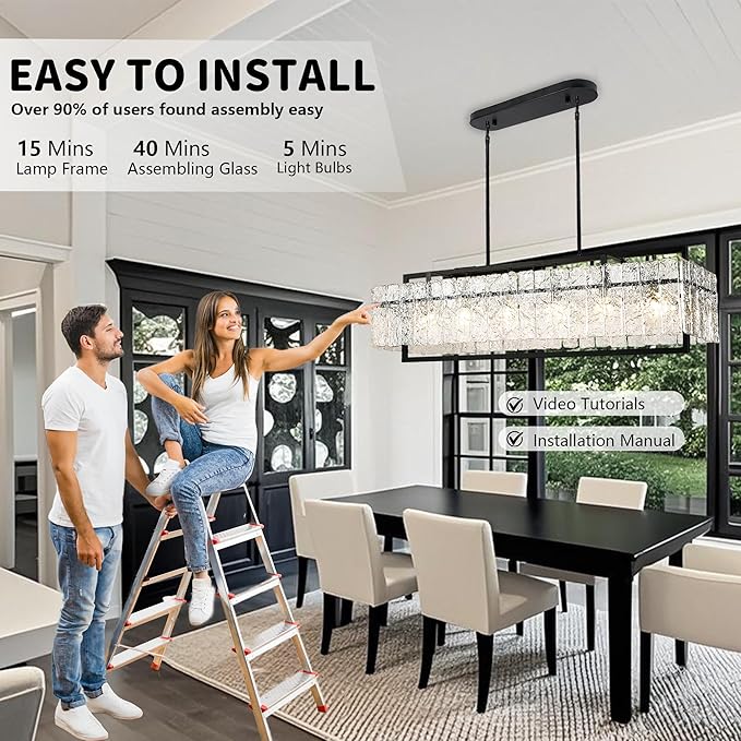 IKK Modern Rectangle Black Crystal Chandeliers for Dining Room, 42" Large Rectangular Water Ripple Glass Island Light Fixture, Linear Farmhouse Lighting for Kitchen Island, Living Room, L42xW11xH12-Ruum Studio Home