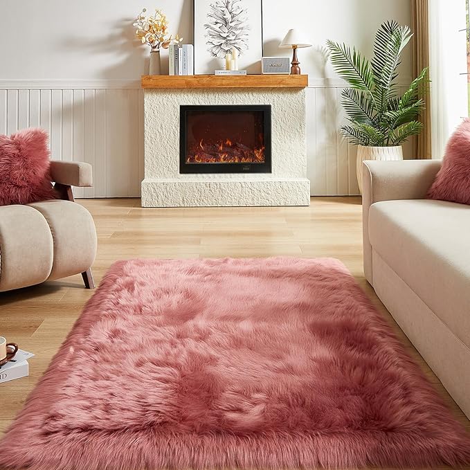 AMTOVO Faux Fur Sheepskin Rug for Living Room, 4 x 6 ft Blush Pink Fluffy Area Rug for Bedroom, Playroom, Luxury Room Decor, Rectangle-Ruum Studio Home