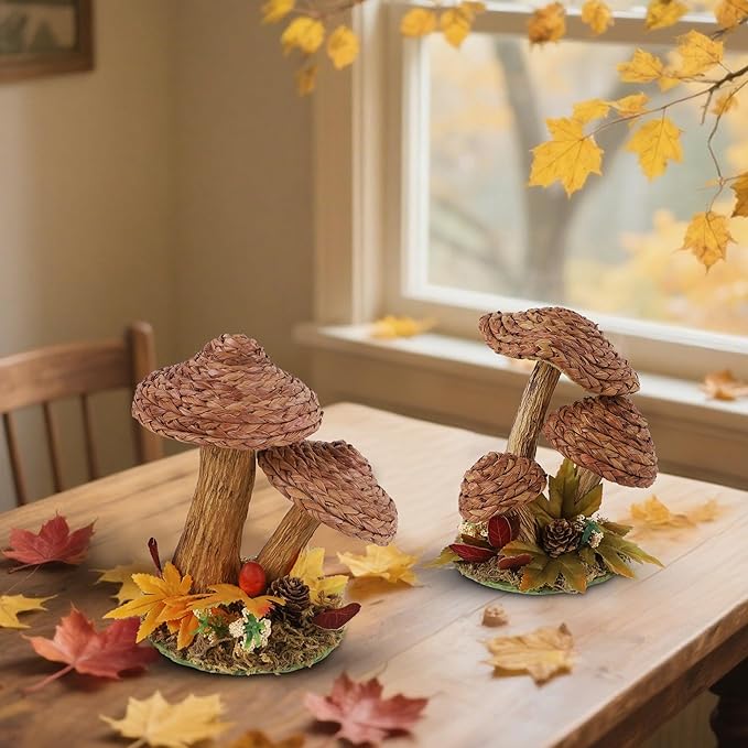 winemana 2 Pack Mushroom Fall Decor - Handmade Woven Mushrooms Figurines, Rustic Farmhouse Table Centerpieces for Thanksgiving, Autumn Home, Shelf & Kitchen Decor-Ruum Studio Home