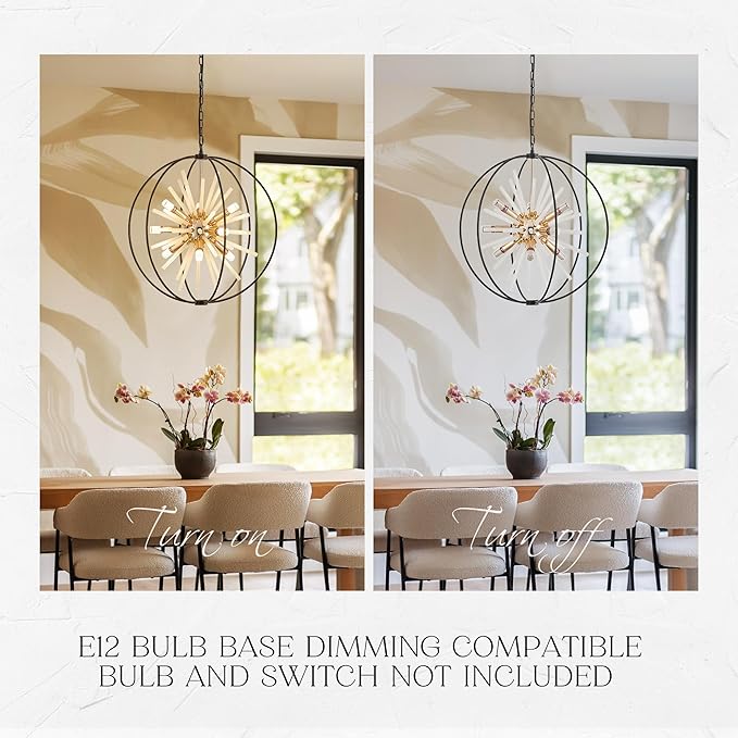 23.6" Black Gold 12-Light Globe Sputnik Chandelier Modern Adjustable Hanging Ceiling Glass Tube Pendant Light Fixture for Entryway Foyer Staircase Dining Living Room Hallway-Ruum Studio Home