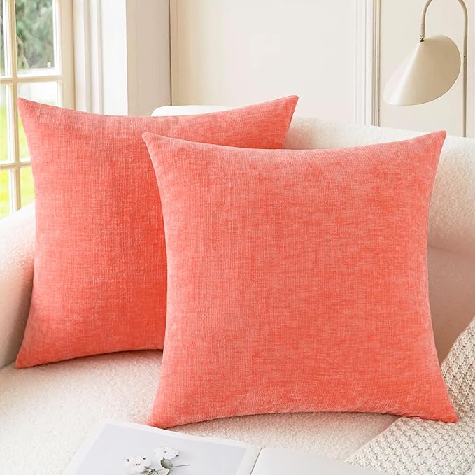CaliTime Throw Pillow Covers Decorative 24 X 24 Inches Pack of 2 Cozy Chenille Cushion Cases for Couch Sofa Bed Living Room Home Living Coral-Ruum Studio Home