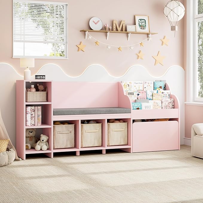 HOSTACK 67" Kids Reading Nook with Bench, Kids Bookshelf and Bookcase with Seat Cushion and 6 Storage Cubbies, Toy Storage Box on Wheels, Toy Chest for Playroom, Bedroom, School, Pink-Ruum Studio Home