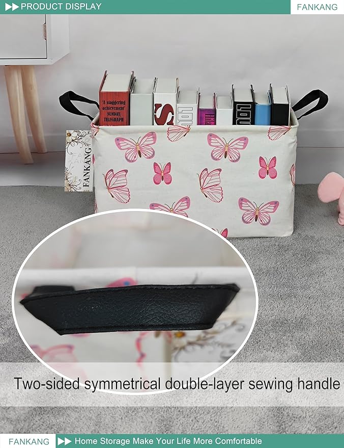 FANKANG Storage Bins, Nursery Hamper Canvas Laundry Basket Foldable with Waterproof PE Coating Large Storage Baskets for Kids Boys and Girls, Office, Bedroom, Clothes,Toys(Rec-pink butterfly-Ruum Studio Home