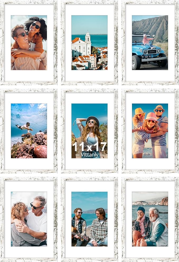 Vittanly 11x17 Picture Frames Set of 9, Shatter Resistant Plexiglass, Display 8x12 Pictures with Mat or 11x17 without Mat, Photo Frames for Wall Mount, Engineered Wood, Distressed White-Ruum Studio Home