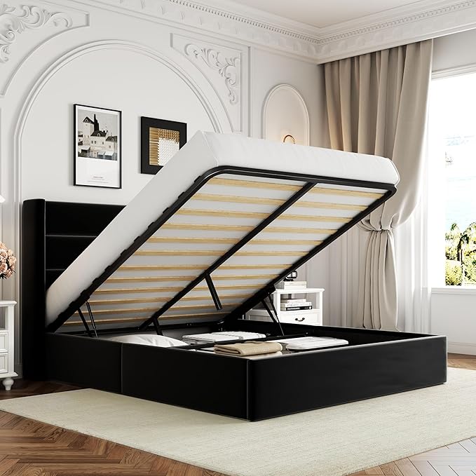 Allewie Full Size Velvet Lift Up Storage Bed, Modern Wingback Headboard, Hydraulic Support, No Box Spring Needed, Black-Ruum Studio Home