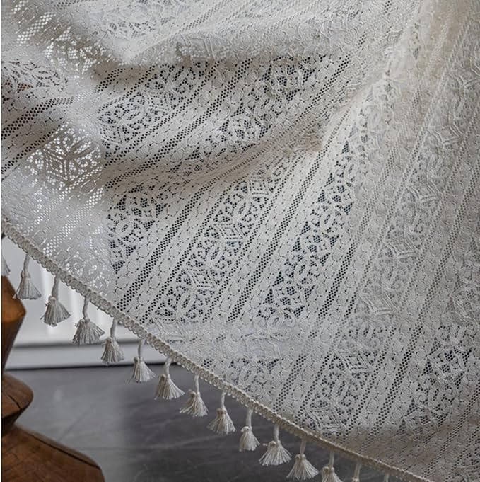 Sutuo Home Boho Curtain Crochet Lace Semi-Sheer Florals Hollow Knitted Handmade Tassels, Rod Pocket Window Treatment Vintage Rustic Farmhouse Drapes for Living Bedroom, 1 Panel 59" W x 63" L, Beige-Ruum Studio Home