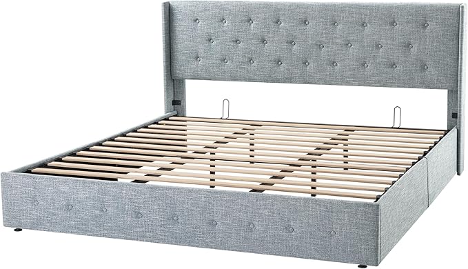 Allewie King Size Lift Up Storage Bed, Button Tufted Headboard with Wingback, Hydraulic Support, No Box Spring Needed, Grey Blue-Ruum Studio Home