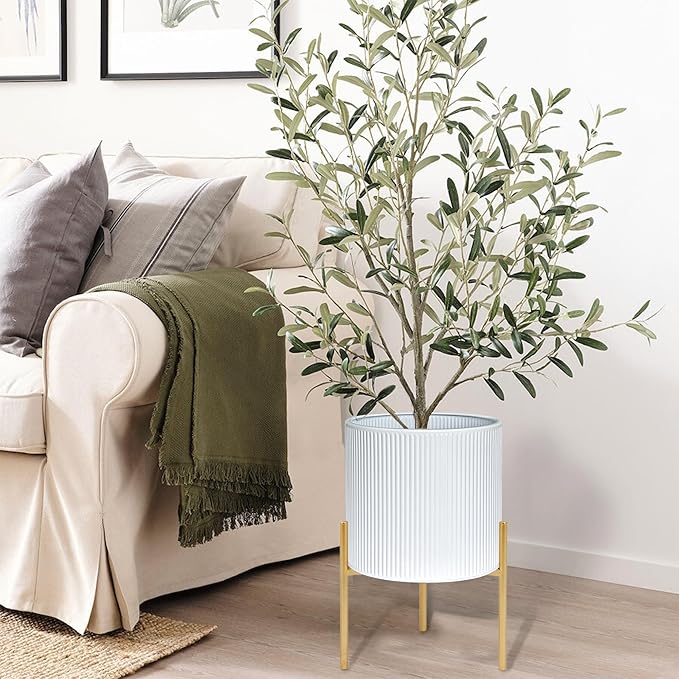 ARNIS Modern Plant Pots, Set of 2 Round Large Planters with Stand, Large Size Metal Pots with Drainage Holes for Living Room, Office, Garden or Balcony, 10.5 &12.25 Inch, White & Gold-Ruum Studio Home