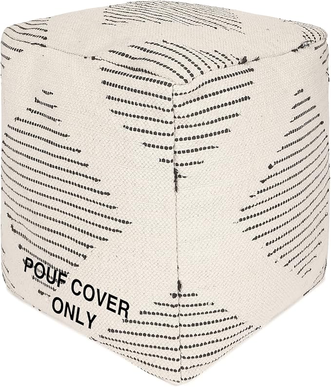 REDEARTH · UNSTUFFED Pouf Ottoman Cover Textured Boho Storage Square Home Decor Poof Pouffe Space Saver Footrest for Living Room, Bedroom, Nursery, Kidsroom; 100% Cotton (18"x18"x18"; Black)-Ruum Studio Home