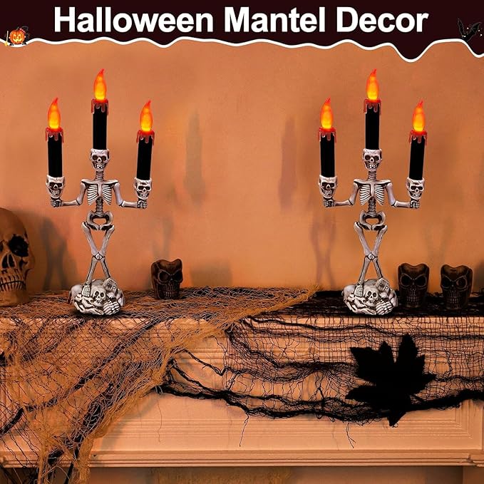 TURNMEON 2 Pack Halloween Candelabra with LED Flame Less Candles Holder Battery Operated Flickering Lights Skull Candles for Halloween Decorations Indoor Home Table Mantel Party Haunted Mansion Decor-Ruum Studio Home