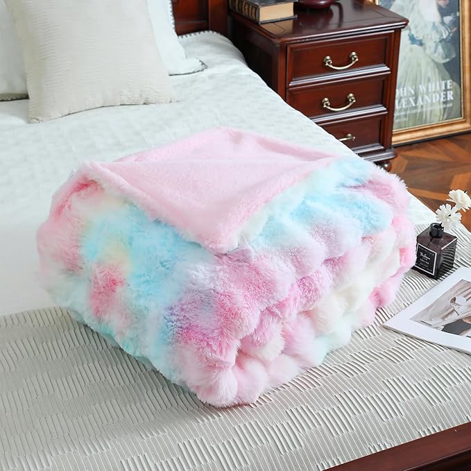 UKELER Colorful Plush Furry Throw Blanket 50''x60'', Super Soft Cozy Warm Blanket for Bed, Couch, Sofa, Office, Camping Shaggy Faux Fur Blanket Gift for Girls, Women-Ruum Studio Home