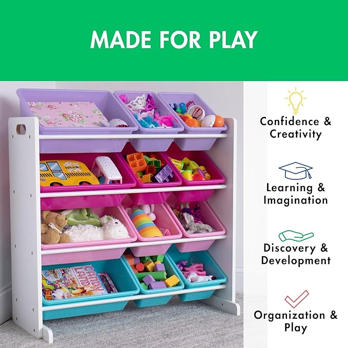 Humble Crew Kids Toy Storage Organizer with 12 Plastic Bins, White/Pink/Purple/Turquoise – Removable Bins for Playroom, Bedroom, Toddler Furniture for Boys and Girls Ages-Ruum Studio Home