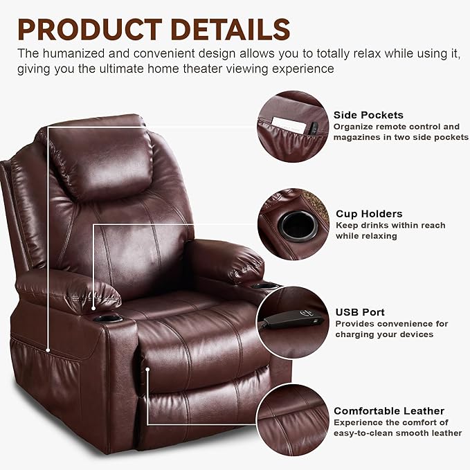 SALOHZA Power Lift Recliner Chair for Elderly with Massage and Heat for Living Room, Electric Recliner Chair for Adults with USB/Type C Port/Cup Holders, PU Faux Leather, Chocolate Brown-Ruum Studio Home