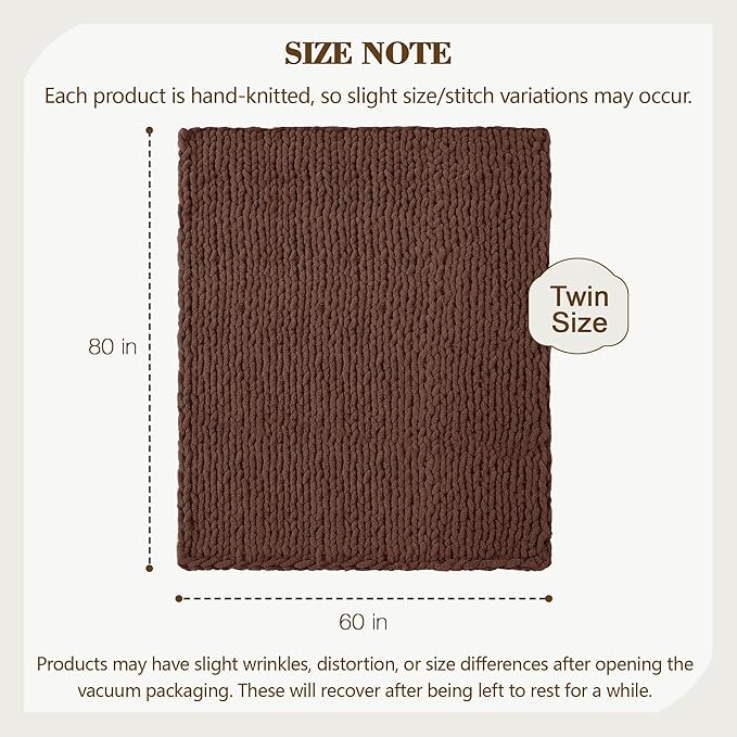 Carriediosa Chunky Knit Throw Blanket 60" X 80" Twin, 100% Hand Made Large Chenille Loop Yarn Soft Fluffy Throws for Couch Sofa Bed, Big Crochet Cozy Heavy Thick Cable Woven Blanket, Cocoa Brown-Ruum Studio Home