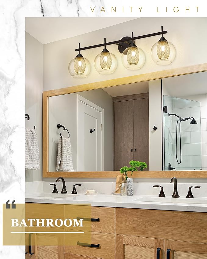 Bathroom Light Fixtures, 4-Light Black and Gold Vanity Lights Over Mirror, 30inch Farmhouse Wall Sconce Lighting with Clear Glass and Honeycomb Metal Shade, AD-22001-4W-BK-Ruum Studio Home