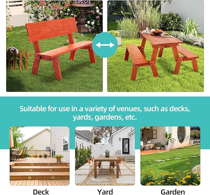 AVAWING Outdoor Convertible Wood Bench with Backrest, Patio Wood Convert a Bench, Space-Saving 2-in-1 Picnic Table Chairs Set for Backyard, Porch, Patio, Garden, Tangerine-Ruum Studio Home