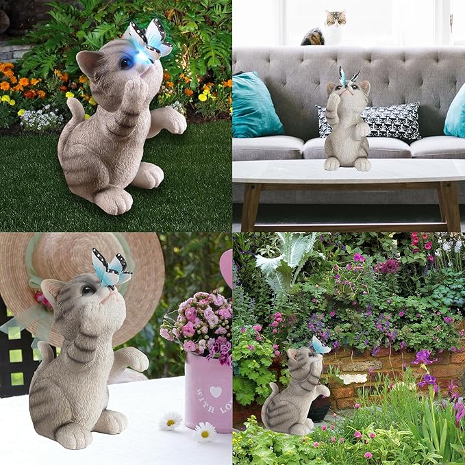 Cat Garden Statue Outdoor Solar Decorations Butterfly Light Figurine Color Changing LED Lights Resin Sculpture Art Decor Patio Lawn Yard Housewarming Gifts for Women Grandma Mom-Ruum Studio Home