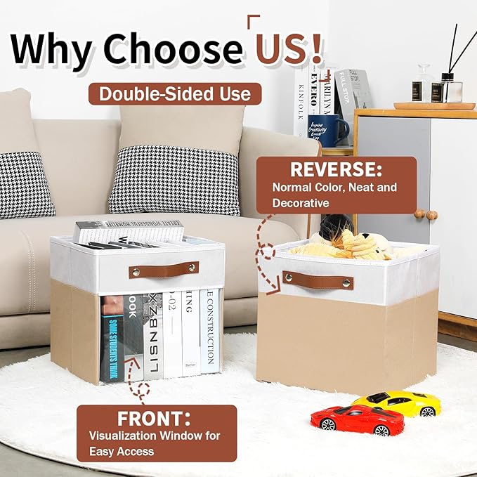 HNZIGE 11 Inch Foldable Fabric Storage Cubes - Clear Bins for Shelves, Canvas Cube Organizer Bins (White Beige 6 PCS)-Ruum Studio Home
