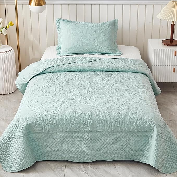 MarCielo 3-Piece 100% Cotton Oversized Bedspread Lightweight Quilt Coverlet Embroidery Farmhouse Bedding Set T0 (Aruba Blue, Twin (68"x86"))-Ruum Studio Home