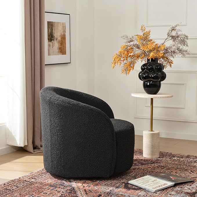 KINWELL 34" W Mid Century Modern Swivel Barrel Chair, Round Upholstered Boucle Swivel Accent Chairs, No Assembly Sofa Chair for Living Room Bedroom Reading Apartment Lounge Nursery(Black)-Ruum Studio Home