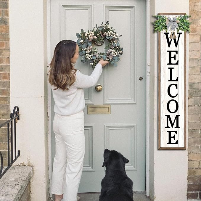 Surfapans Welcome Sign for Front porch Standing 45"X9"Large Wood Frame Outdoor Tall Welcome Signs Vertical Decor for Farmhouse Rustic Home Modern Outside Front Door Wall Decorations (Wood White)-Ruum Studio Home