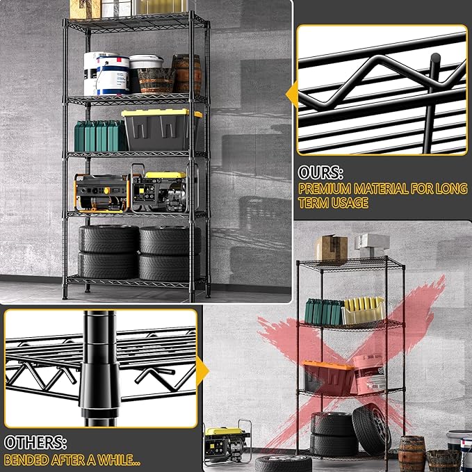 1250 lbs 5 Tier Shelf Metal Storage Shelves Shelving Wire Rack Heavy Duty Closet Organizers for Garage Kitchen Bathroom Laundry Black 13.8" D x 35.4" W x 68.5" H-Ruum Studio Home