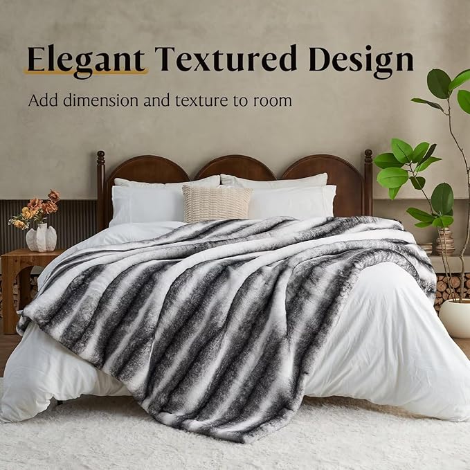 Luxury Faux Fur Blanket - Soft Warm Plush Blankets for Couch Sofa Bed, Fluffy Thick Throws for Bedroom, Office, Living Room, Decorative Reversible, Not Easy to shed- 70"x90", Black/White-Ruum Studio Home