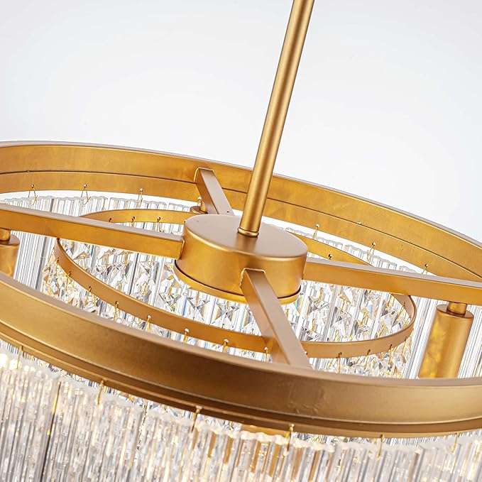 4-Lights Drum Glass Chandelier, Modern Style Light Fixture for Dining Room, Bedroom, Ripple Glass Shade & Brass Finish, D16.5 * H18~48 inch (Adjustable Height)-Ruum Studio Home