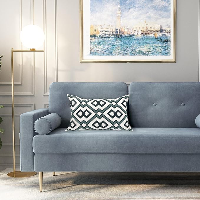 Alysheer Embroidered Lumbar Decorative Throw Pillow Cover 12"x 20", Classic Boho Geometric Embroidery Pattern Cotton Rectangular Cushion Case for Sofa Couch Living Room Bedroom (Navy Aqua)-Ruum Studio Home