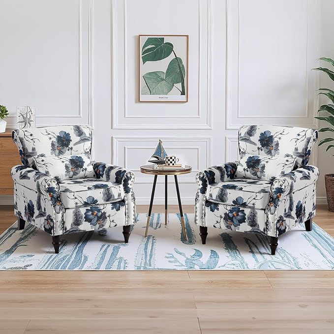 Wingback Accent Chair with Removable Pillow, High Back Floral Armchair with Solid Wood Legs & Nailhead Trim, Comfy Upholstered Reading Single Sofa Chair for Bedroom (2, Ink Blue Pattern)-Ruum Studio Home