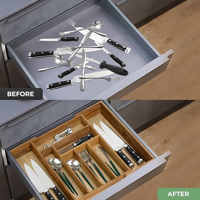 VaeFae Teak Drawer Organizer, Large Silverware Organizer, Expandable Utensil Organizer for Kitchen Drawer, Wooden Cutlery Tray Drawer Dividers Organizer-Ruum Studio Home