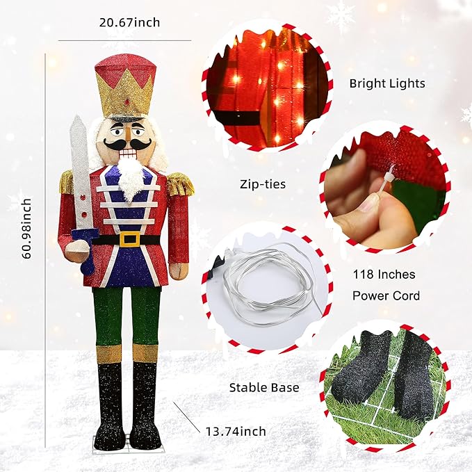 61Inch Nutcracker Christmas Decor Outdoor with LEDs 5 Feet Lighted Large Nutcracker Lighted Christmas Decorations Outdoor with Stakes & Zip Ties for Xmas Yard, Porch, Lawn-Ruum Studio Home