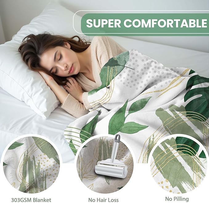 Sage Green Leaf Throw Blanket Mid-Century Green and Gold Boho Flannel Blankets for Couch Bed Living Room Sofa, Decorative Patterned Super Soft Cozy, 50x60 in-Ruum Studio Home