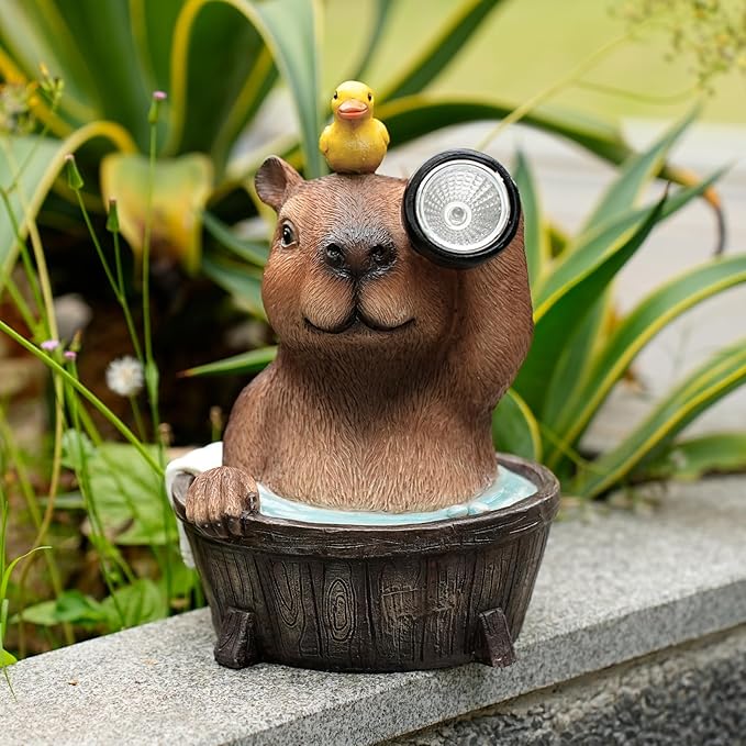 Capybara Solar Garden Statue – Funny Outdoor Resin Animal Decor with Flashlight & Duck – Waterproof Yard Lawn Ornament with LED Light – Solar Powered Figurine for Patio, Porch, Landscape-Ruum Studio Home