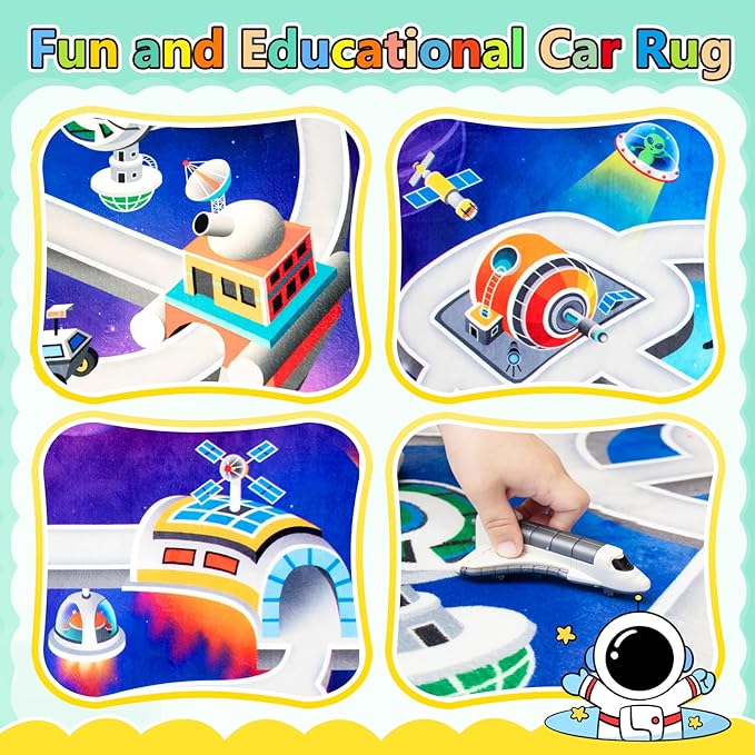 Kids Rug, Space Themed Baby Play Mat, 4x6 Ft Playroom Rug, Colorful Cartoon Outer Space, Planet, Rocket, Spaceship Road Carpet for Playroom, Educational Learning Carpet for Kids Mat-Ruum Studio Home