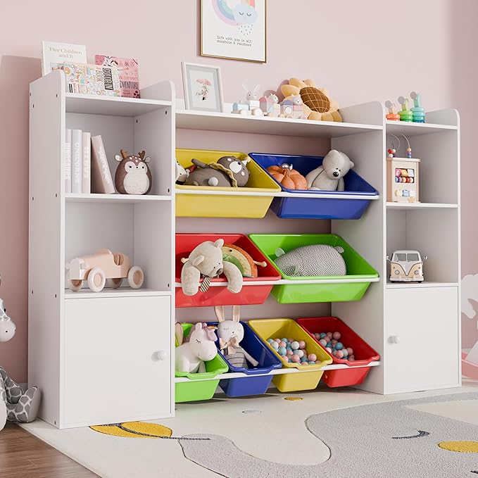 Xilingol Kids Toy Storage Organizer W/8 Removable Toy Bins, 4-Tier Toy Organizers W/6 Storage Cubbies, Kid Bookshelf and Toy Storage for Playroom, Bedroom, Kids Room, Classroom-Ruum Studio Home