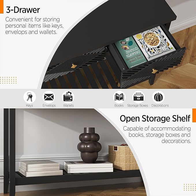 47" Console Table with 3 Drawers, Fluted Narrow Long Entryway Table with Storage Shelf, Accent Table for Entryway, Living Room, Behind Couch, Foyer, Hallway, Office-Ruum Studio Home