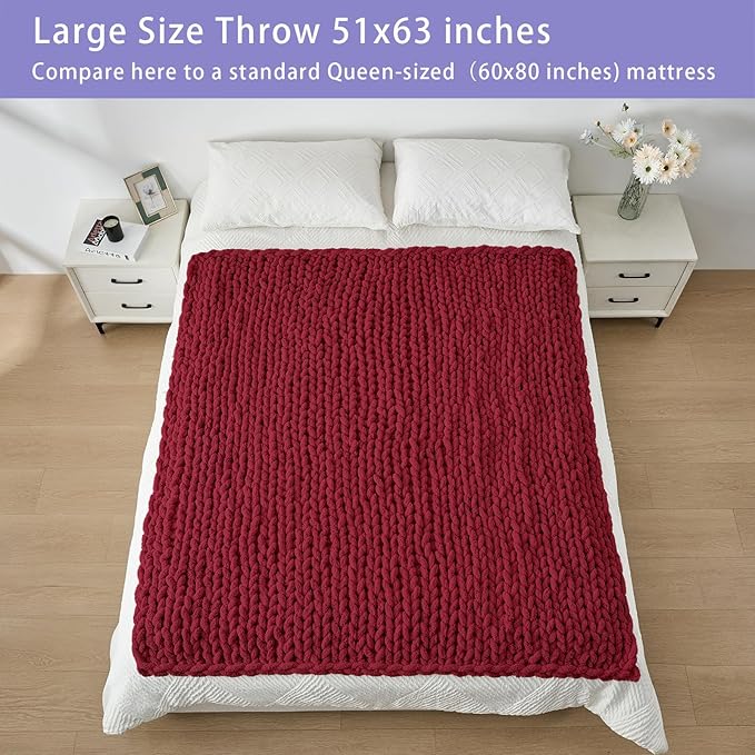 Bigacogo Chunky Knit Throw Blanket for Couch, 51x63 inches, 100% Hand Knitted with Thick Jumbo Chenille Yarn, Cozy Soft Large Rope Knot Cable Crochet Blankets for Sofa Bed Living Room, Red-Ruum Studio Home