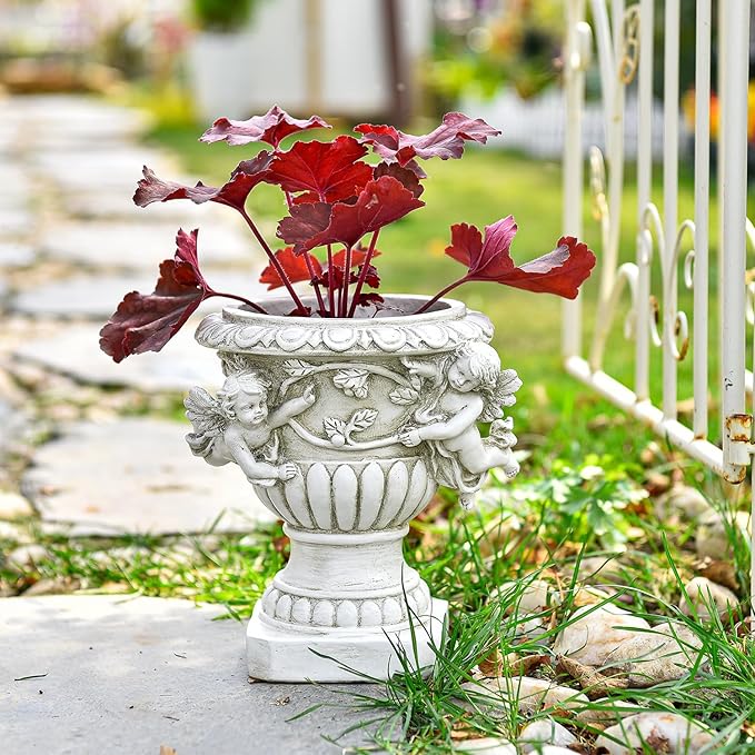 Sungmor Garden Cherub Urn Planter, Lovely Resin Angel Statue Flower Pots, Vintage European Style Planter, Rustic White Whimsy Fairy Decorative Plant Pot, Beautiful Pot for Indoor Outdoor Flowers-Ruum Studio Home